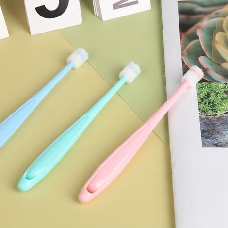 Paquete de 3 cepillos de dientes de silicona de grado alimenticio de 360 grados para perros y gatos pequeños, 15,51,57 cm, rosa, azul y verde (1/5)