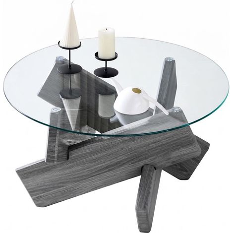 ELVMI Tavolino da Caffè Rotondo con Piano in Vetro e Base Incrociata in MDF per Soggiorno, Grigio Trasparente, 79 cm (1/5)