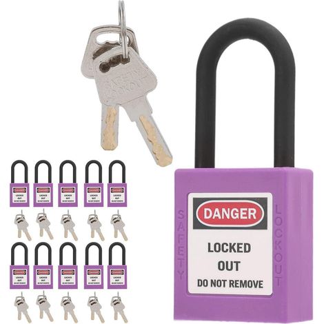 10er-Set Lockout Tagout Vorhängeschlösser, Nylon Sicherheitsvorhängeschlösser mit Schlüssel, Isolierender Schließbalken, Lila