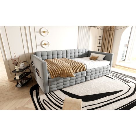 Lit sofa 90x190, motif matelassé classique, rangements latéraux, deux tiroirs sous le lit, invités ou lit simple, velours gris clair (1/5)