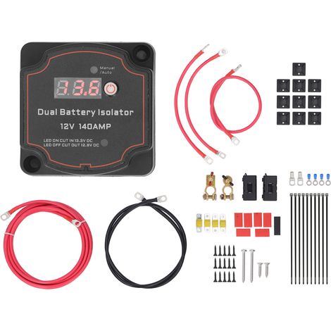 Isolateur de batterie double 3.0m, DC12V 140A, Mode automatique manuel, écran LED, Kit de relais de charge divisé VSR pour camion RV ATV UTV SUV bateau (1/5)