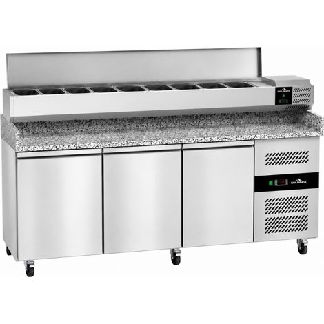 Meuble à pizza réfrigéré Tropicalisée 3 portes avec vitrine ingrédients (9x GN1/3) avec couvercle en inox PREMIUM - GOLDINOX
