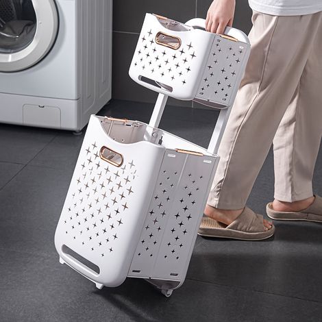 Panier à linge pliable à double compartiment pour le tri des vêtements, panier de rangement, seau à linge sale à roulettes, coloris or rose. (1/5)