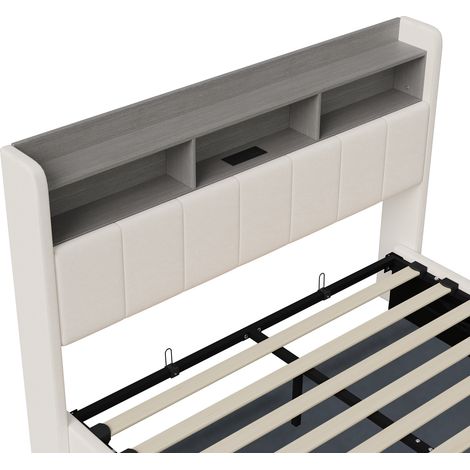 Lit coffre 140x190,lit 140x190 avec sommier, Velours blanc - USB intégré - LED - 3 compartiments de rangement