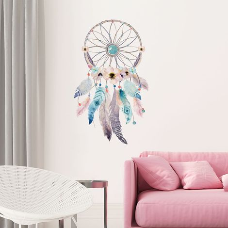Stickers muraux Sticker Mural Autocollant - BOHÈME ATTRAPE RÊVES PLUMES FANTAISIE - adhésifs fond transparent - 50x30cm (1/4)