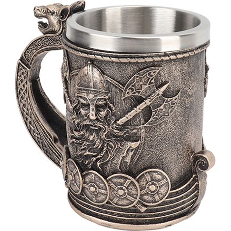Mug à bière viking vintage grande capacité, intérieur en acier inoxydable, ornements en résine pour bière et café.