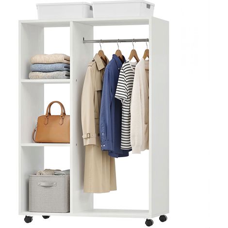 Porte-manteau sur pied à roulettes, 3 étagères et tringle en bois, 80 x 40 x 128 cm (1/5)