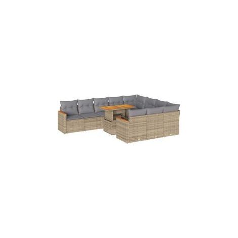 Salon de jardin 11pcs avec coussins beige résine tressée acacia (1/5)