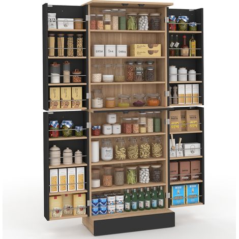Highboard Küchenschrank H.160 cm ALTO 4 Türen mit Ablagefächern in Buchenholzoptik und Schwarz