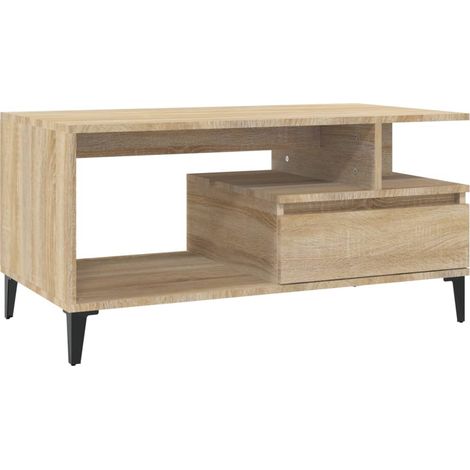 Mesa de centro con cajón, diseño moderno y contemporáneo, 90 x 49 x 45 cm, madera de ingeniería y metal color roble DEC039029