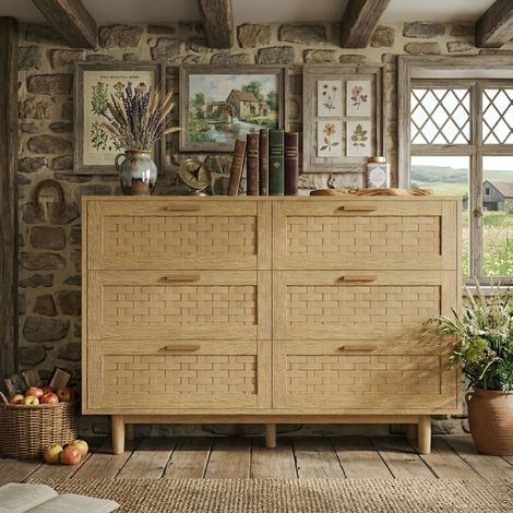 Sideboard aus Massivholz mit 5 Rattan-Schubladen, Kommode im Boho- & rustikalen Stil für Wohn- und Esszimmer, 115x40x80 cm - Natur