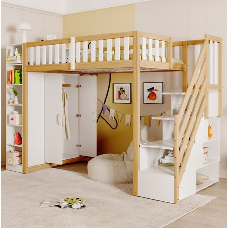 Bett Hochbett Aufbewahrung 90x200 Holz Weiß Natur OKMYHOME