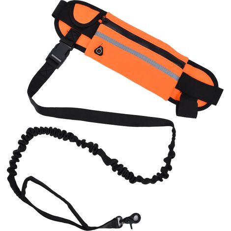 Laisse mains libres pour chien avec sac à fermeture éclair amovible, bande réfléchissante et taille flexible, idéale pour les promenades (Orange) (1/5)