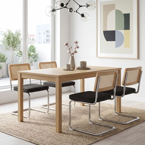 Lot de 4 Chaises Velours Design Mid-Century - Dossier Cannage rotin, Assise Rembourré et Base en Métal Chromé - Noir (1/5)