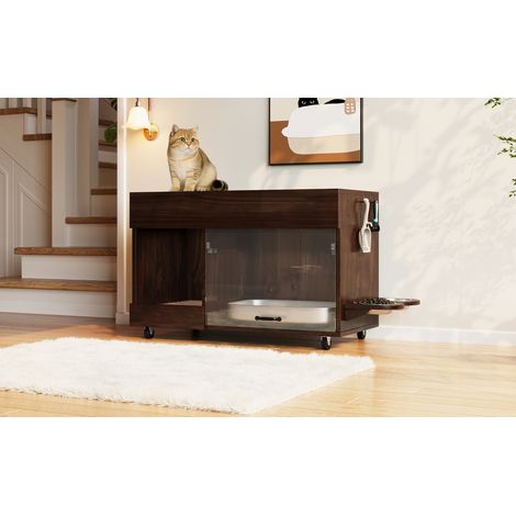 Mobile nascondi lettiera per gatto 100 x 45,5 x 67 cm, con ruote, MDF noce DESVIAE (1/5)