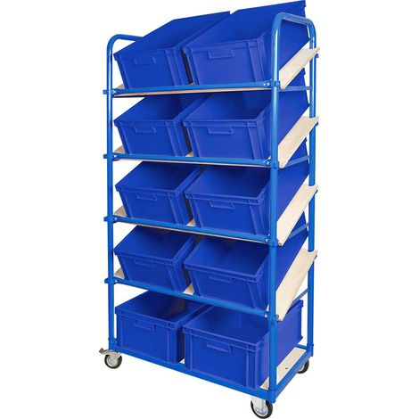BRB Schrägboden-Regalwagen mit 5 Ebenen, bestückt mit 10 Euroboxen 600x400x220 mm blau (1/3)