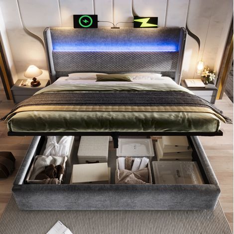 MEUBLIV Letto 160x200 cm grigio – LED, contenitore idraulico e USB/Type-C con materasso (1/5)