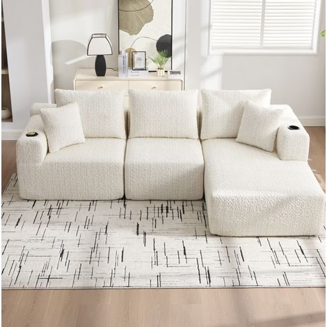 Divano angolare modulare 3 posti beige in tessuto chenille, con portabicchiere e tasca, OKWISH (1/5)