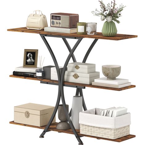Table console canapé 2 étagères ouvertes cadre métallique style industriel marron rustique