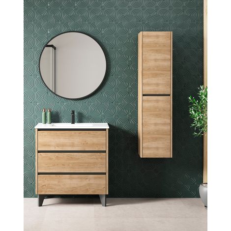 Mueble Baño al Suelo Fondo Reducido con Lavabo Cerámico 3 Cajones 80 cm Roble Natural Tirador Negro (1/5)
