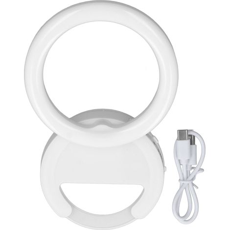 Anneau lumineux à pince pour téléphone, rotation à 180°, 3 couleurs LED, blanc, idéal pour les selfies sur téléphones, tablettes et ordinateurs portables.