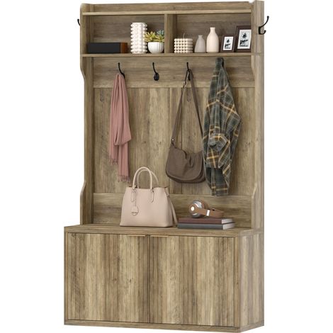 Porte-manteau 4 en 1 avec rangement à chaussures, étagère ouverte, moderne, pour entrée couloir chambre, 100x38x172 cm, chêne