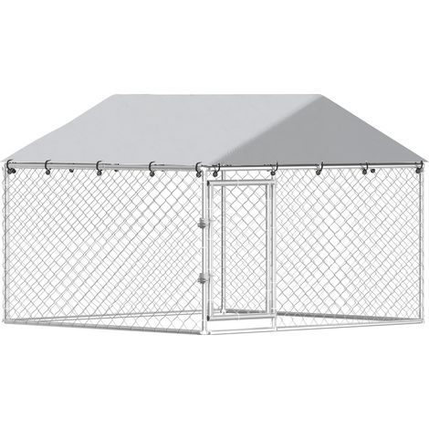 Recinto per Cani da Esterno 200x200x150 cm con Tetto in PE Anti-UV Impermeabile in Acciaio Zincato Argento (1/5)