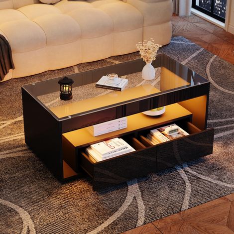 Table basse moderne avec éclairage LED 16 couleurs, console rectangulaire avec 2 grands tiroirs, table de salon spacieuse en verre, design à double plateau, finition laquée brillante, grande table de
