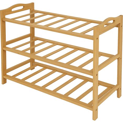 Relaxdays bamboo shoe rack, HxWxD: 48 x 70 x 25 cm, 3 tiers for 9 pairs of shoes, open design, natural finish