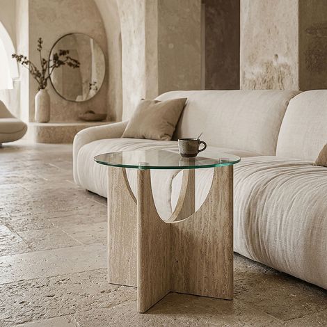 Table d'appoint - HOME DECO FACTORY - Pietra - Ronde - Verre - Blanc et Beige (1/4)