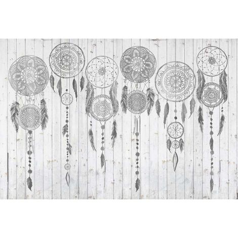 Papier peint panoramique blanc original Tapisserie panoramique motif attrape-rêve Papiers peints panoramique imitation bois pour chambre (1/3)