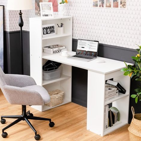 COSTWAY Wooden Computer Desk w/ Bookcase Modern Writing Desk w/ 6-tier Storage Shelves