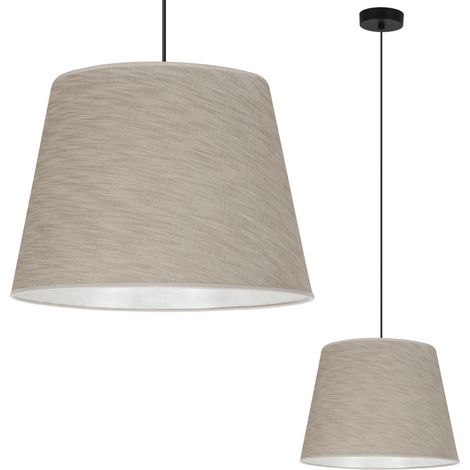 LAMPADA A SOSPENSIONE, CONO IN LINO, NERO, 1 PIATTO, PARALUME BEIGE L05 38CM (1/5)