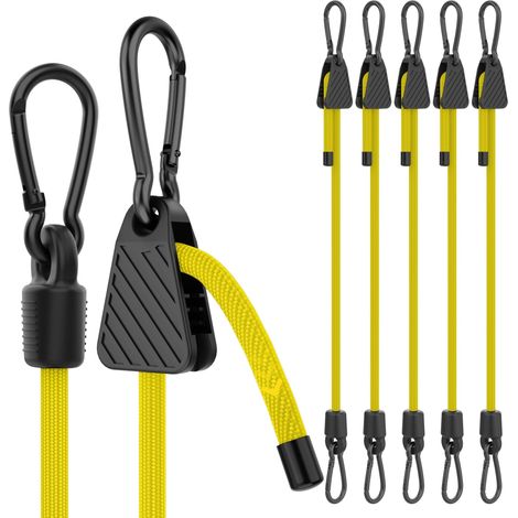 Lot de 6 tendeurs en caoutchouc réglables avec mousqueton, 90 cm, jaune, tendeurs de bagages, tendeurs en caoutchouc 100 % latex pour voile d'ombrage, bâches, jardin, vélo, voiture (1/5)