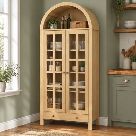 Vetrina alta 75x35x170,5 cm in MDF naturale con contenitore per soggiorno FloraGrace (1/5)