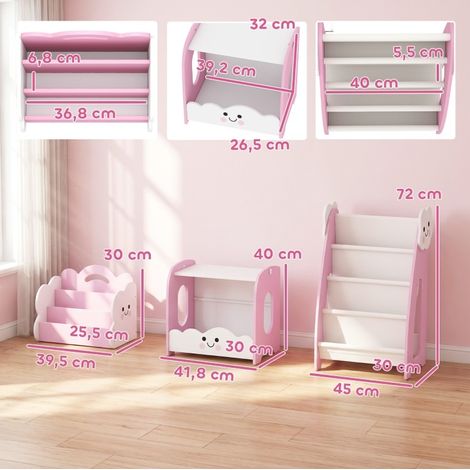 3-in-1 Kinderregal, Aufbewahrungsmöbel mit 4 Taschen, 3 Ebenen, Rosa OKMYHOME (1/5)