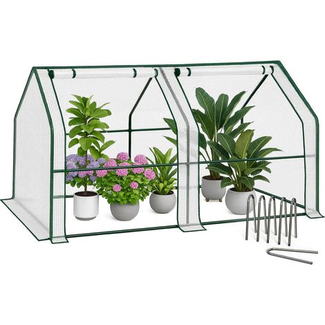 Mini Serre de Jardin à Toit Pointu avec 2 fenêtres avec Zip enroulables Bâche PE renforcée 135g/m2 pour semis Plantes Fleurs légumes 180x90x90cm Blanc (1/5)