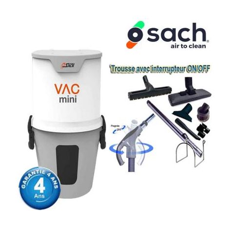 Centrale d'aspiration SACH VAC MINI garantie 4 ans (jusqu’à 400 m²) + Set inter 9 M + 8 accessoires + 1 Kit de nettoyage micro offert (1/5)