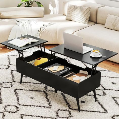 GOPLUS Table Basse Relevable avec Rangement, Table de Salon Plateau Relevable avec Compartiments Cachés et 2 Plateaux Relevables, pour Bureau,111 x 48 x 40-53,5 cm (Noir) (1/5)