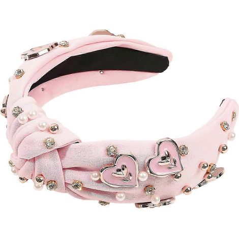 Bandeau pour cheveux femme Saint-Valentin avec pendentif cœur et strass, large bande élastique antidérapante en tissu à nœud.-Pink (1/5)