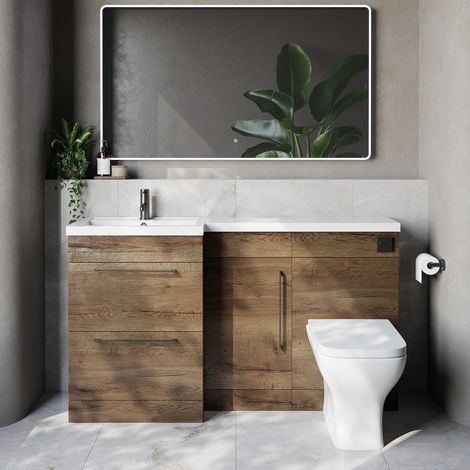 Napoli 390 Tobacco Oak 1500mm 2 Drawer Vanity Unit Toilet Suite with Left Hand Square Lucia Basin - 1500mm - Gunmetal Grey 320mm HandleWith Kingston Toilet Pan and Seat