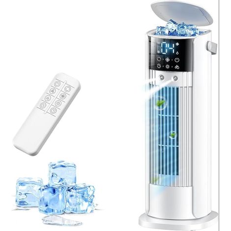 Climatiseur portable ventilateur refroidissement 4 en 1, 3 niveaux vitesse, fonction brumisation, oscillation 90°, écran LED, télécommande (blanc) (1/5)