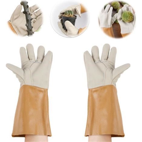 Brown and beige leather thorn-proof gardening gloves, one size fits all, comfortable. (1/4)