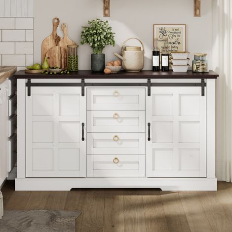 Buffet campagnard vintage 150x40x85cm portes coulissantes tiroirs étagères ajustables grand rangement salon cuisine - Blanc