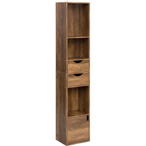 Schmales hohes Bücherregal aus Holzwerkstoff, braun, 157,5 cm, mit 2 Schubladen und Tür (1/5)