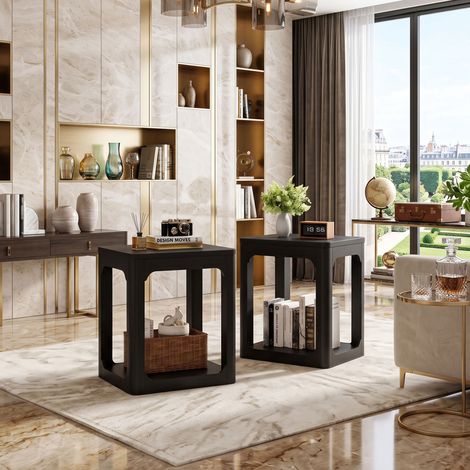 Creahappy Lot de 2 Bouts de Canapé 50x40x60cm - Table de Chevet Double Plateau avec Rangement - Style Contemporain - Noir Mat (1/5)