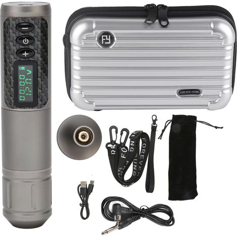 Kit de stylo tatouage rotatif sans fil 2-en-1 gris, écran OLED, course 3,5mm, batterie 1800mAh, machine à tatouer avec aiguilles cartouche. (1/5)