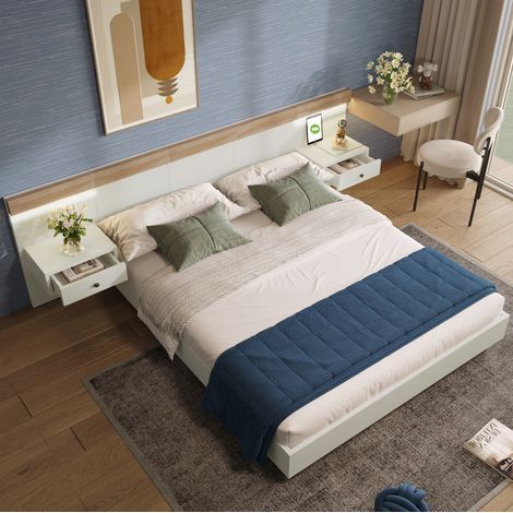 MEUBLIV Lit double avec 2 tables de chevet LED prises USB et USB C 180 x 200 cm bois blanc et chêne sonoma avec tête de lit (1/5)