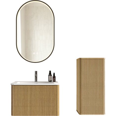 Meuble salle de bain suspendu avec vasque, miroir LED anti-buée et colonne, rangements pour petit espace, design moderne CHICFURN (1/5)