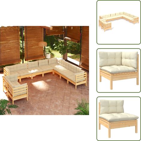 10-tlg. Garten-Lounge-Set mit Creme Kissen Massivholz Kiefer - Gartenzubehör - Gartenmöbel - Lounge Set - Kiefernholz Möbel - Outdoor Furniture (1/5)